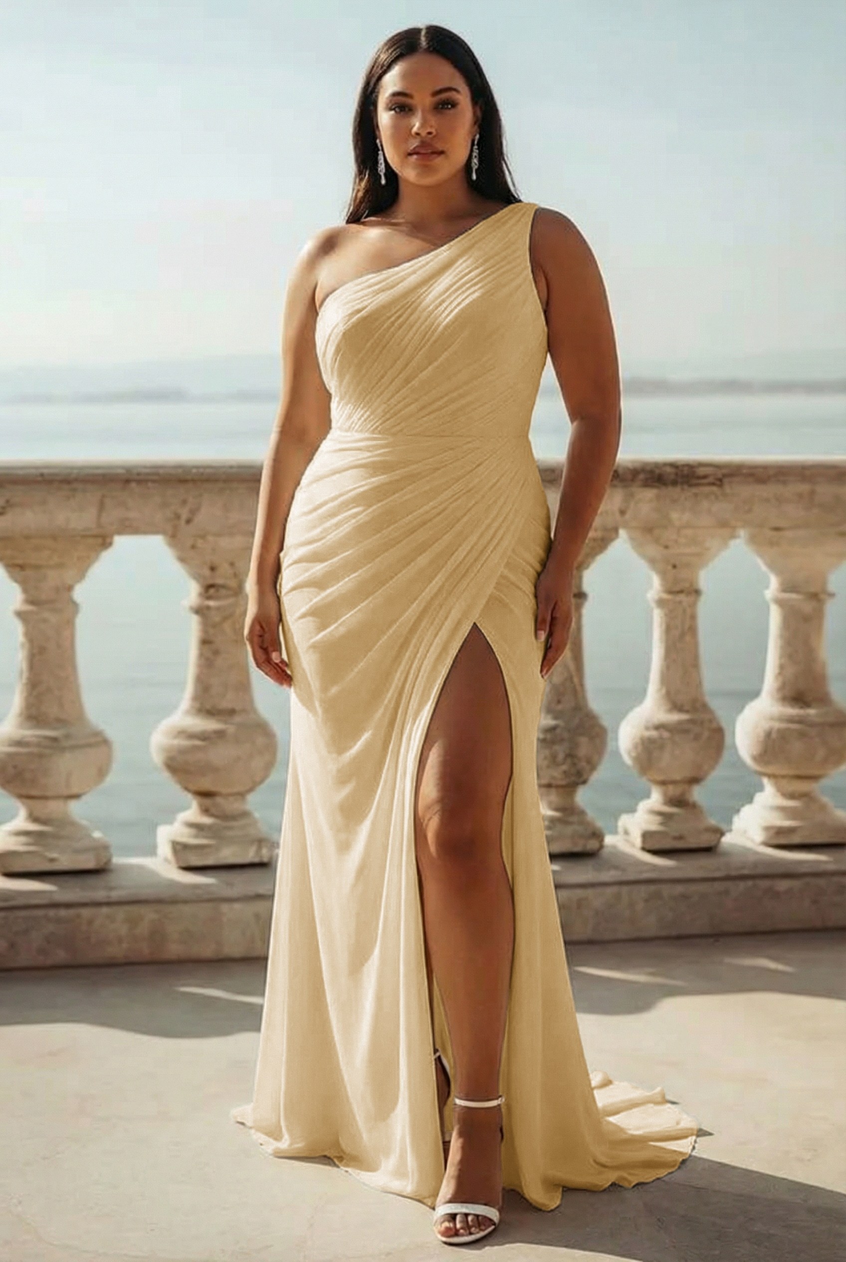 Ivory Chiffon One Shoulder Ruched Beach Maxi Engagement Dress with Slit