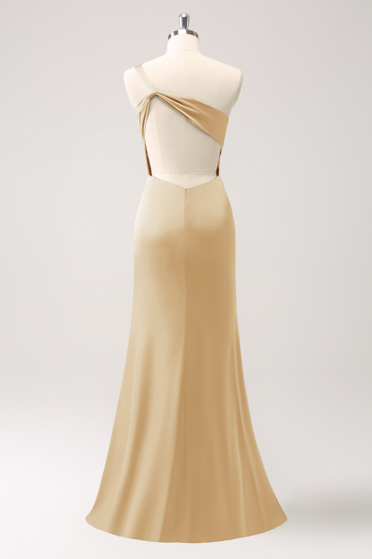 Olive One Shoulder Mermaid Satin Long Bridesmaid Dress