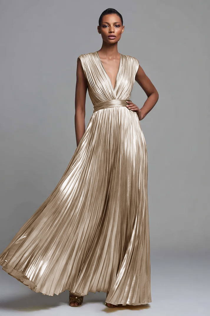 Leely Women Champagne Metallic Long Formal Dress Deep V-Neck A Line Pleated Evening Dress
