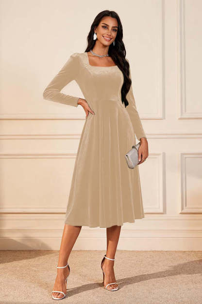 Dark Green Velvet A Line Midi Glitter Holiday Party Dress with Sleeves