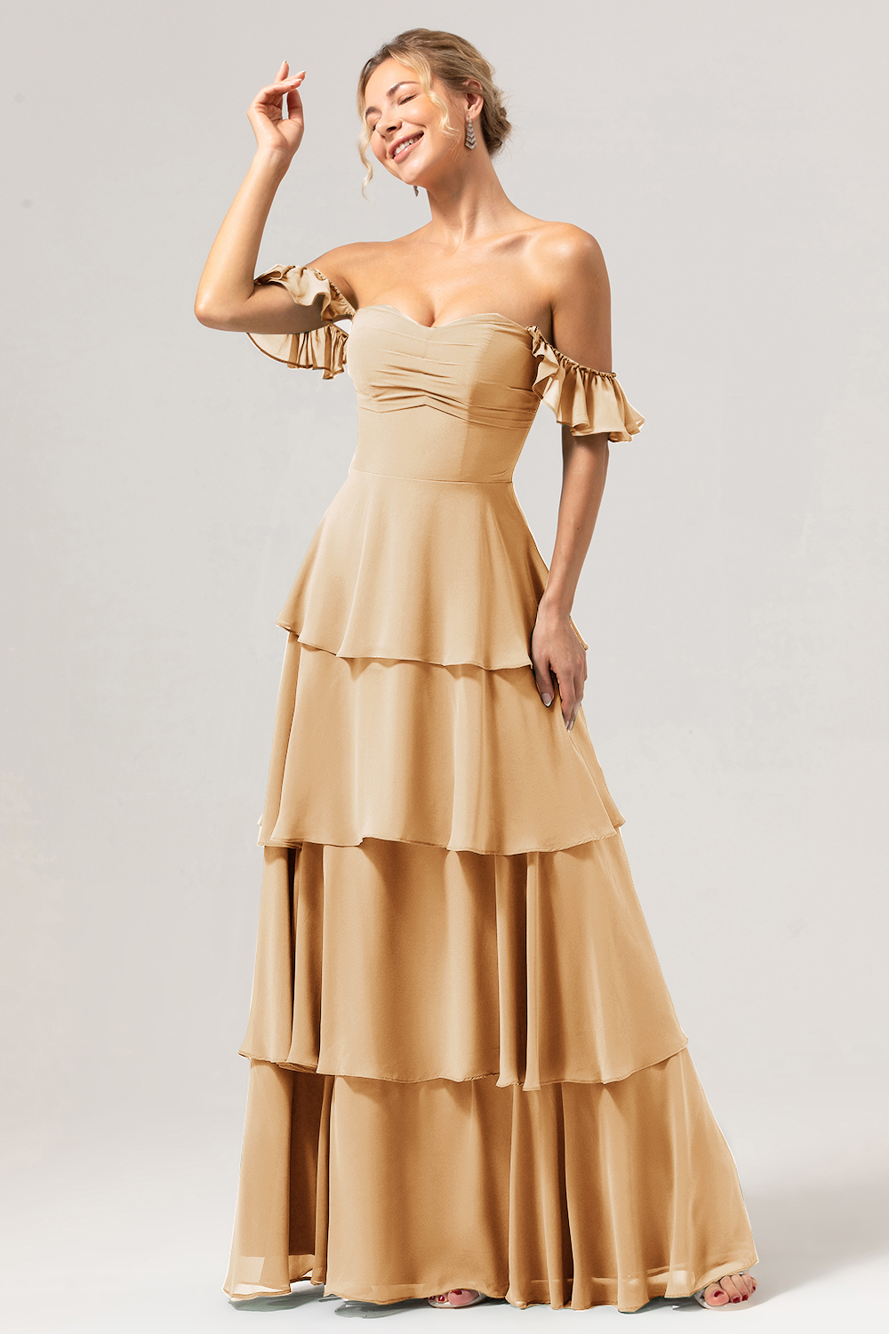 Eucalyptus Off the Shoulder Sweetheart Tiered A-Line Bridesmaid Dress