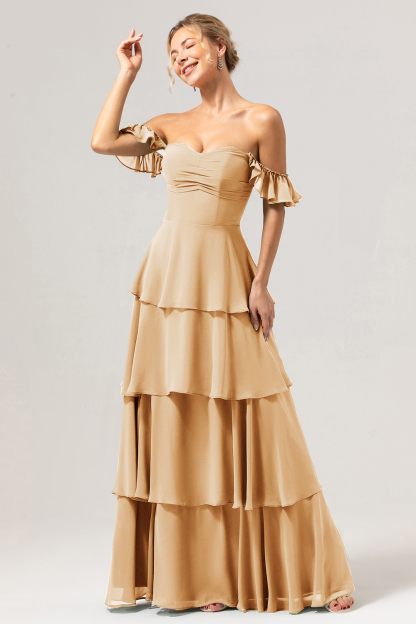 Eucalyptus Off the Shoulder Sweetheart Tiered A-Line Bridesmaid Dress