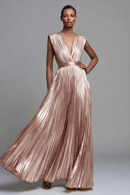 Gold V-Neck A Line Metallic High Waist Pleated Long Formal Dress