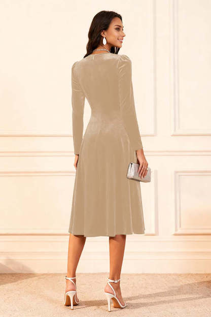 Dark Green Velvet A Line Midi Glitter Holiday Party Dress with Sleeves