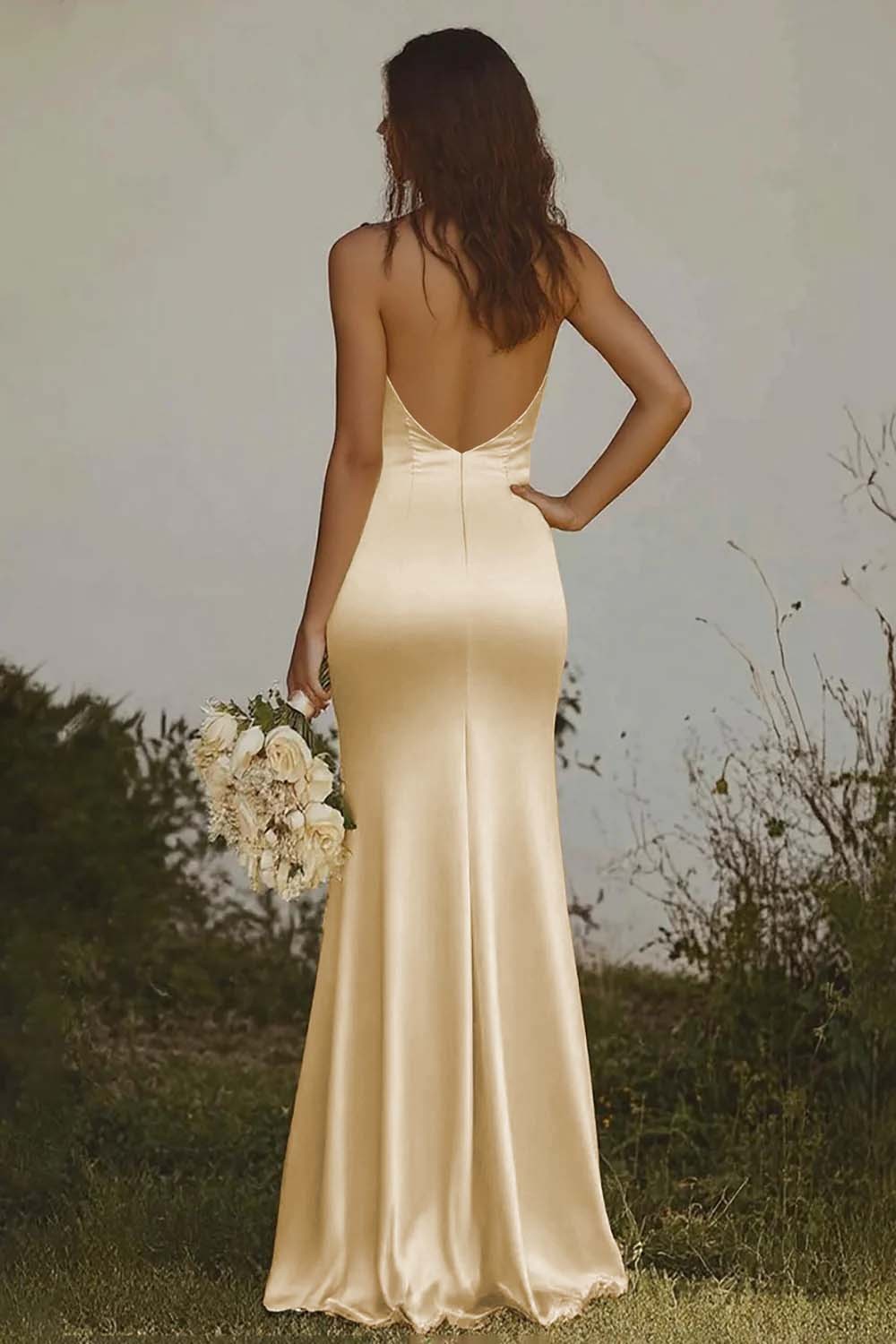 Elegant Light Yellow Sheath Halter Long Satin Bridesmaid Dress