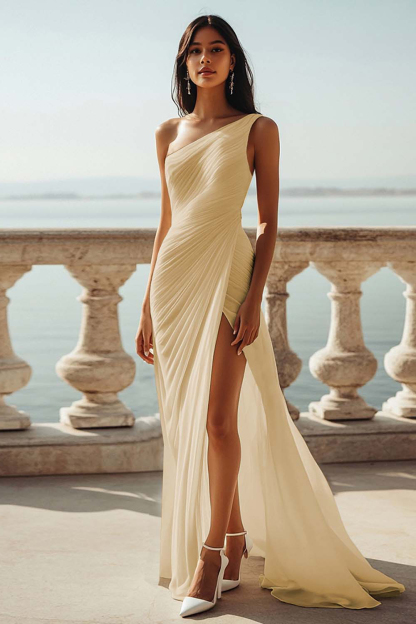 Ivory Chiffon One Shoulder Ruched Beach Maxi Engagement Dress with Slit