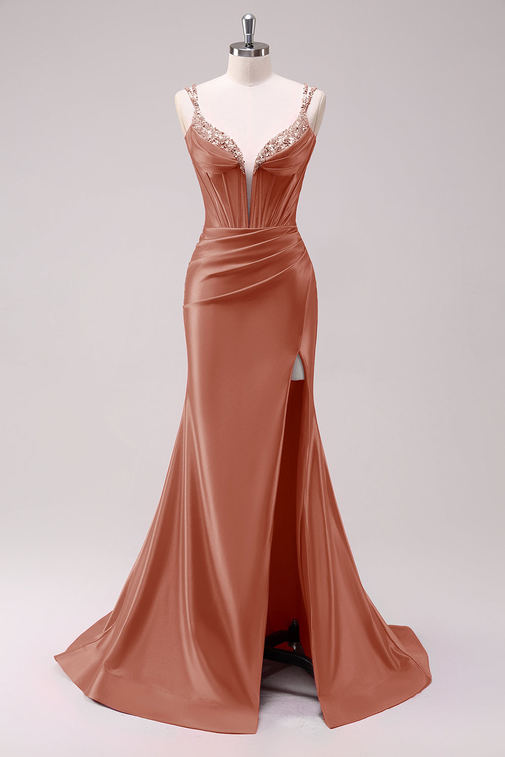 Purple Corset Sequin Plus Size Sweep Train Mermaid Prom Dress with Slit