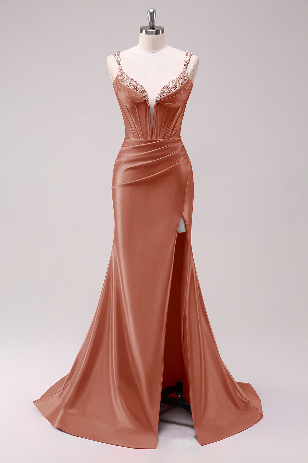 Fuchsia Mermaid Corset Sequin Sweep Train Prom Dress with Slit