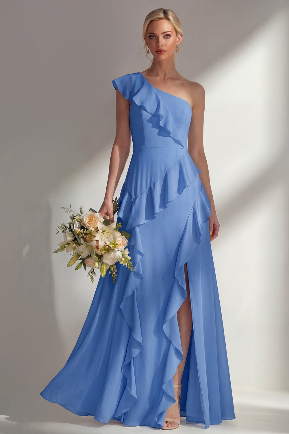 Emerald A Line Ruffled One Shoulder Long Bridesmaid Dress with Slit