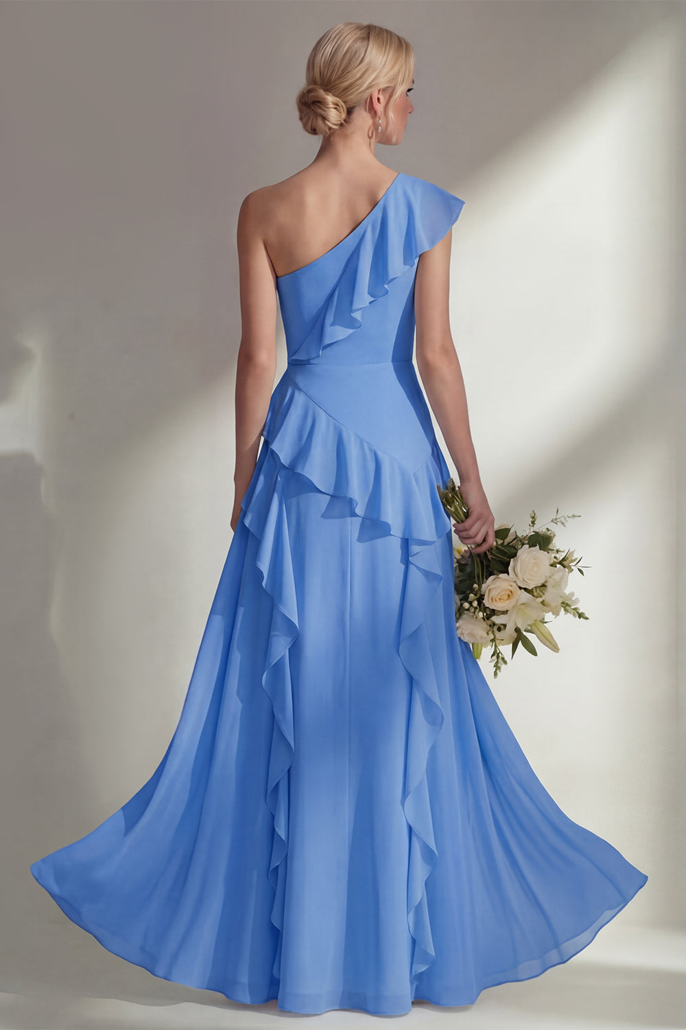 Emerald A Line Ruffled One Shoulder Long Bridesmaid Dress with Slit