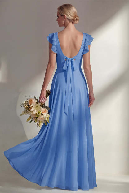 A Line Round Neck Ruffled Dusty Blue Long Bridesmaid Dress
