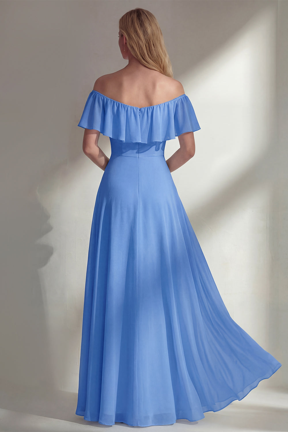 A Line Burgundy Ruffed Off the Shoulder Long Bridesmaid Dress with Slit