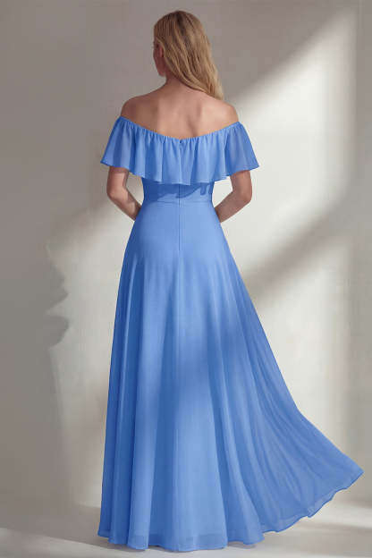 A Line Burgundy Ruffed Off the Shoulder Long Bridesmaid Dress with Slit