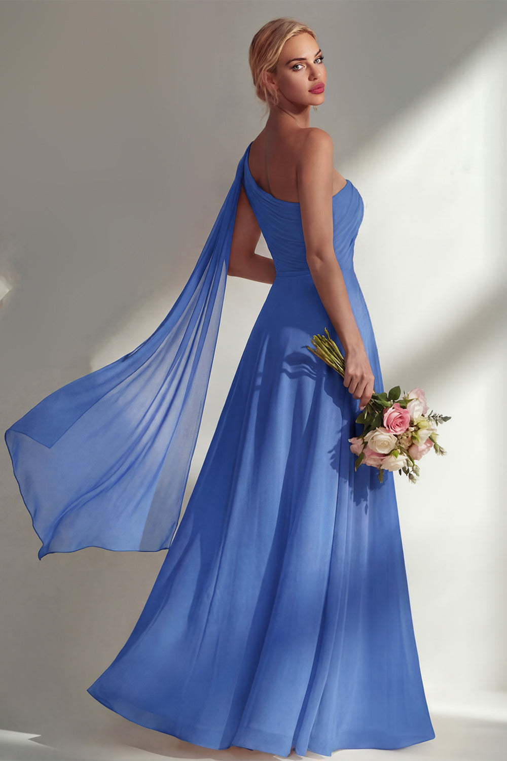 Burgundy One Shoulder Backless Ruched Long Bridesmaid Dress with Slit