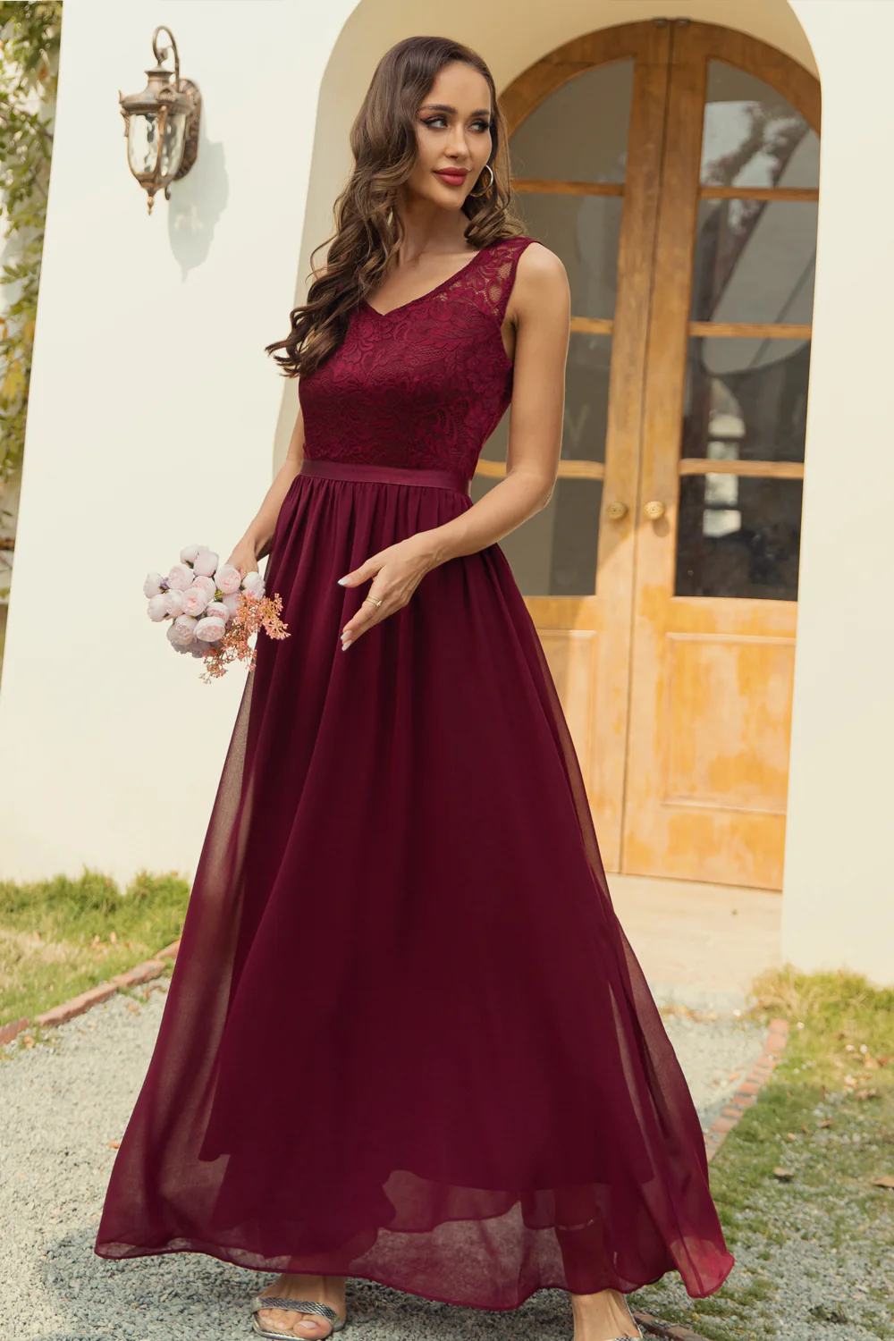 Long V-neck Sleeveless A-line Chiffon Maxi Bridesmaid Dress with Lace