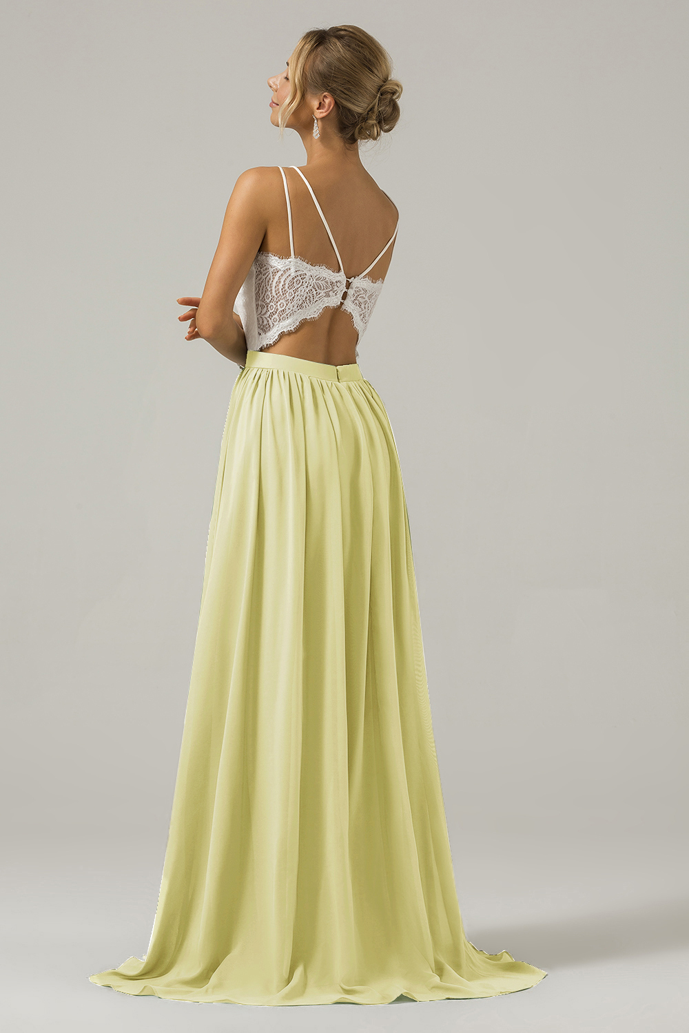 Eucalyptus A-Line Spaghetti Straps Pleated Long Bridesmaid Dress With Lace