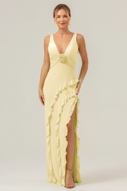 Lime V Neck Ruffled Sheath Bridesmaid Dress with Slit
