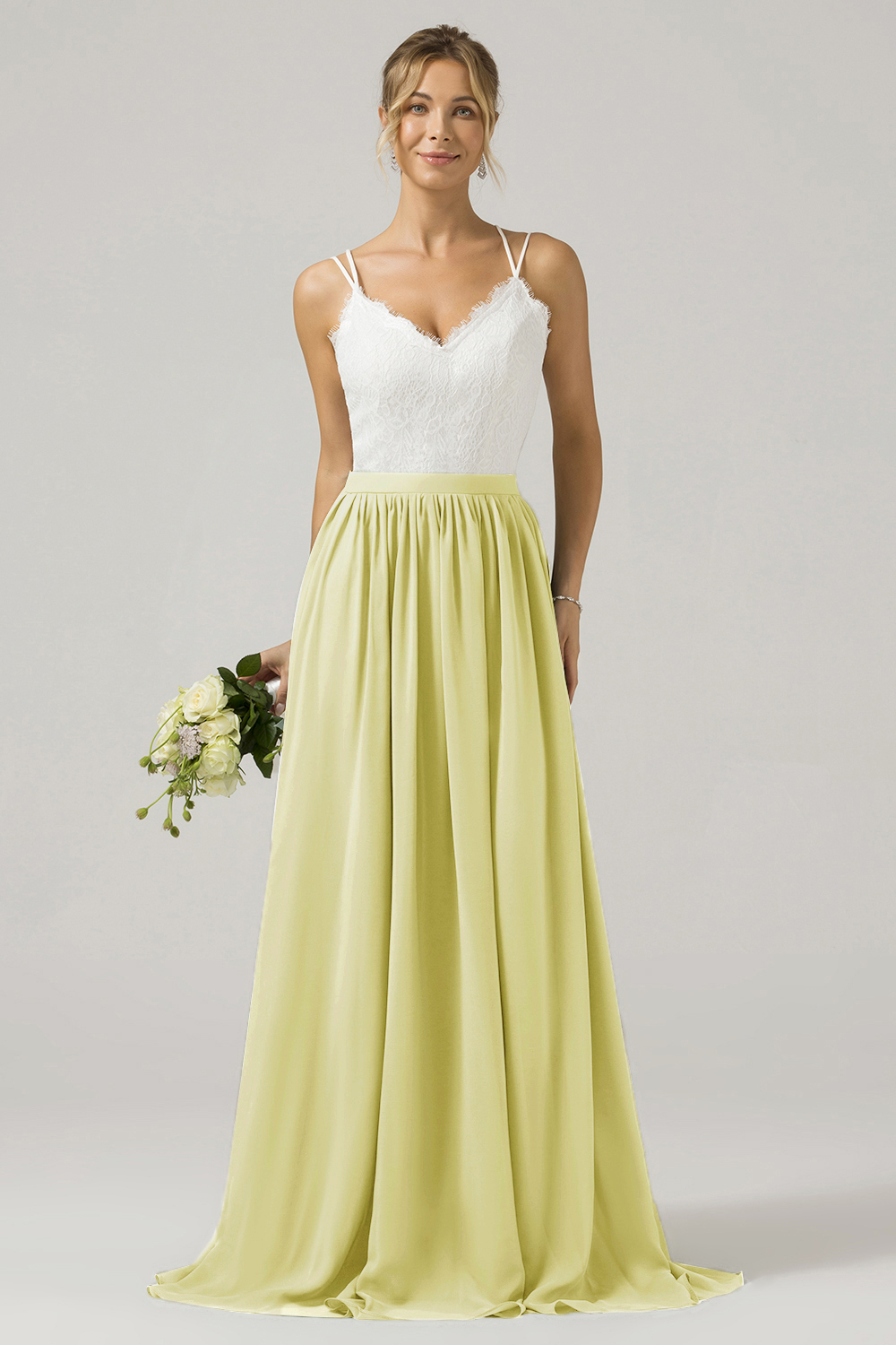 Eucalyptus A-Line Spaghetti Straps Pleated Long Bridesmaid Dress With Lace