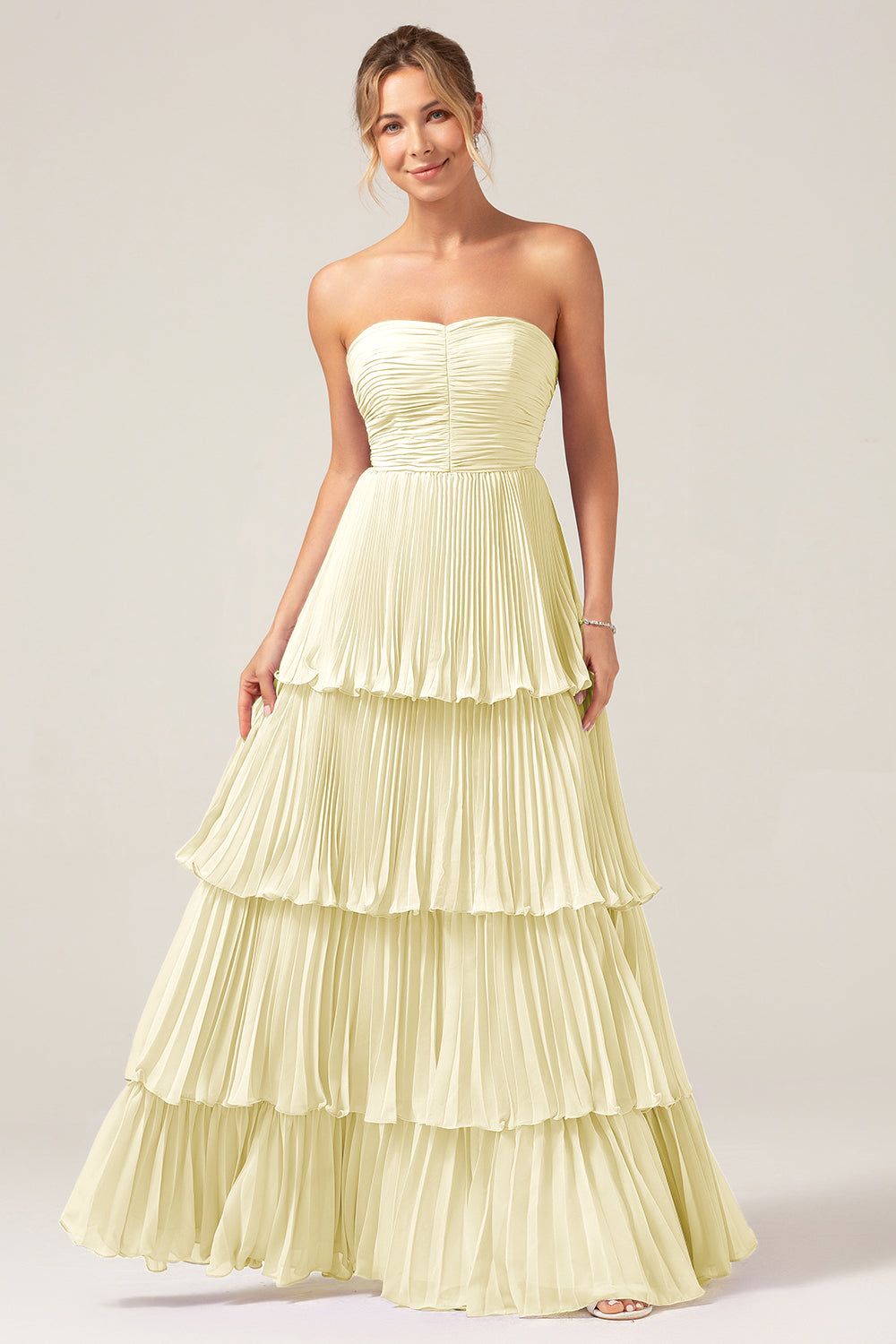 Sky Blue A Line Strapless Pleated Tiered Bridesmaid Dress