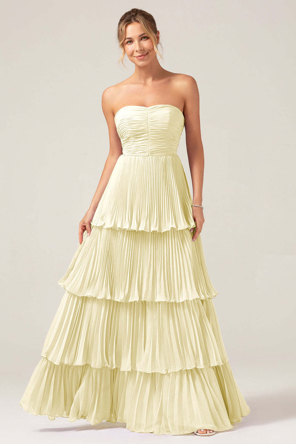 Sky Blue A Line Strapless Pleated Tiered Bridesmaid Dress