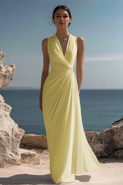 White Chiffon Sheath V-Neck Ruched Maxi Rehearsal Dinner Dress
