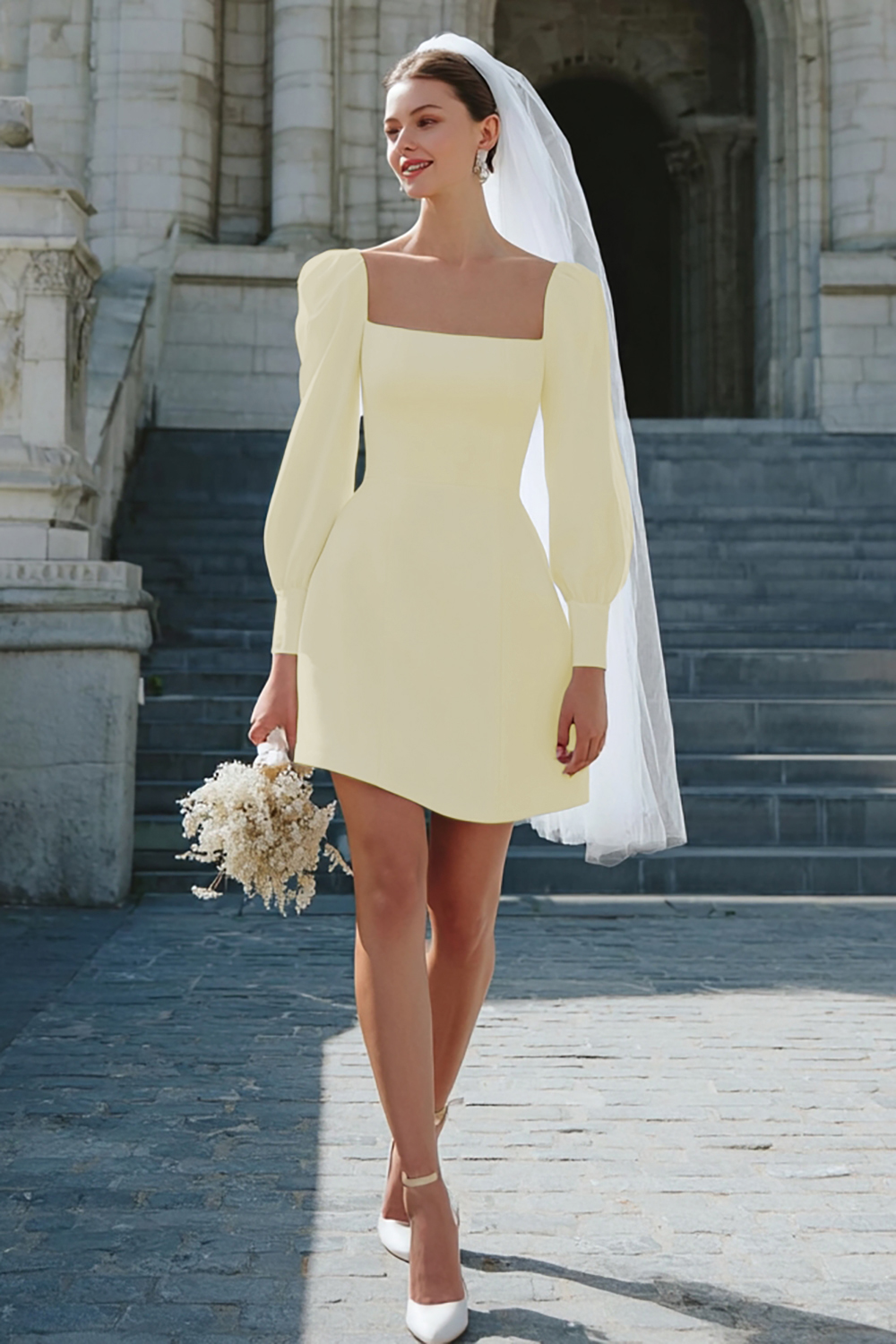 A Line Ivory Satin Short Wedding Dress with Sleeves
