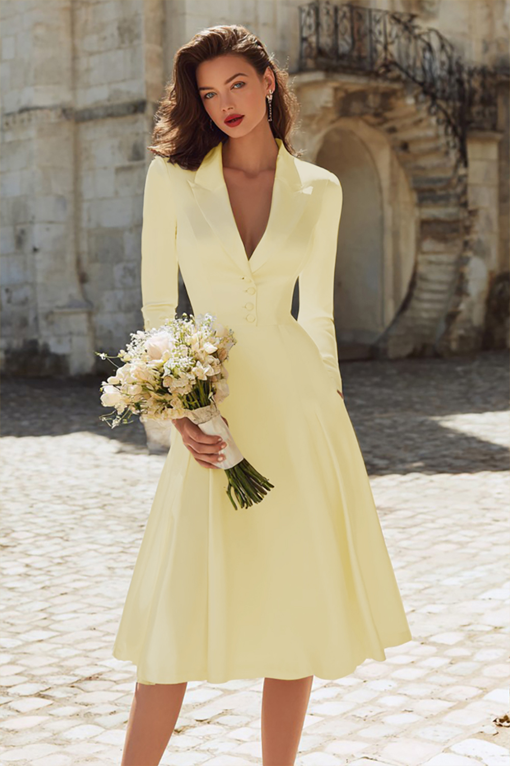 Leely Ivory Satin Peak Lapel Midi Engagement Blazer Dress with