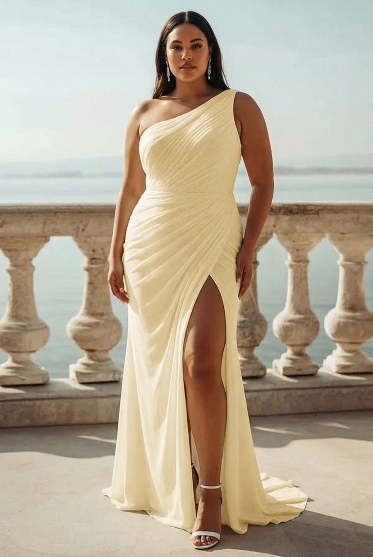 Ivory Chiffon One Shoulder Ruched Beach Maxi Engagement Dress with Slit
