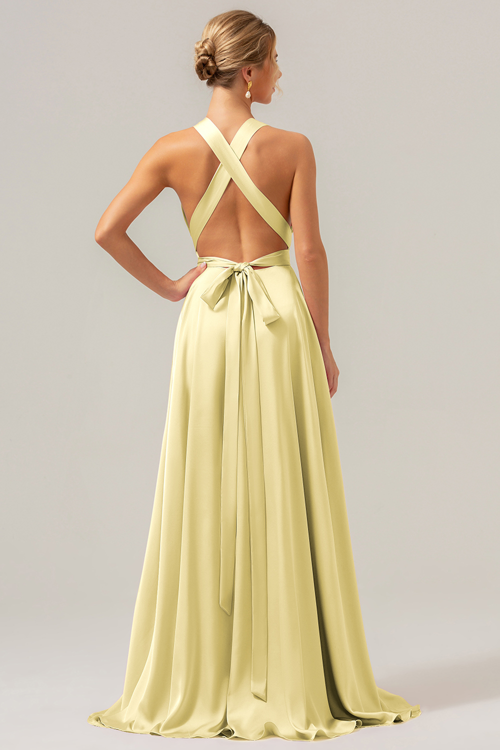 Pink A Line V-Neck Satin Lace Up Bridesmaid Dress with Slit