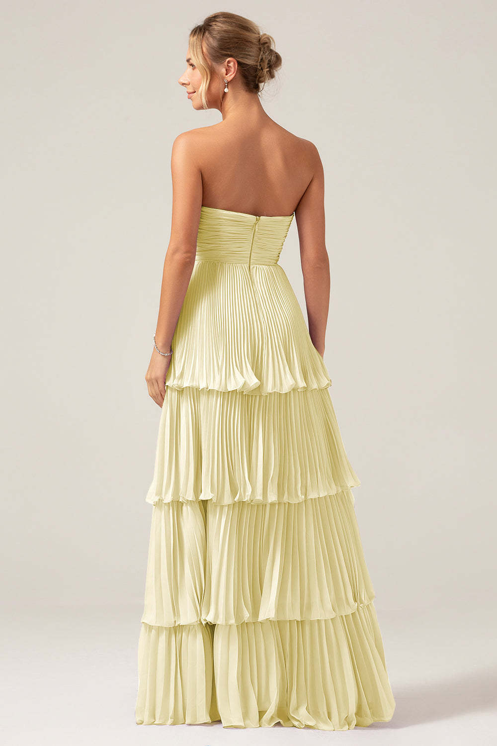 Sky Blue A Line Strapless Pleated Tiered Bridesmaid Dress