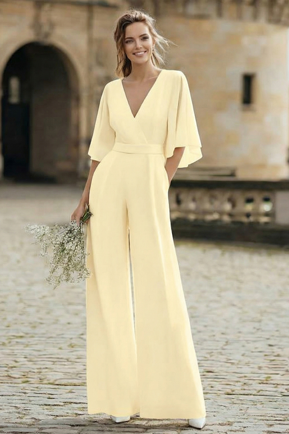 Ivory V-Neck Half Sleeves Wedding Jumpsuits with Pockets