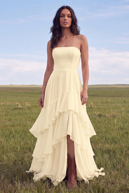 White Strapless A Line Swep Train Tiered Western Wedding Dress with Ruffles