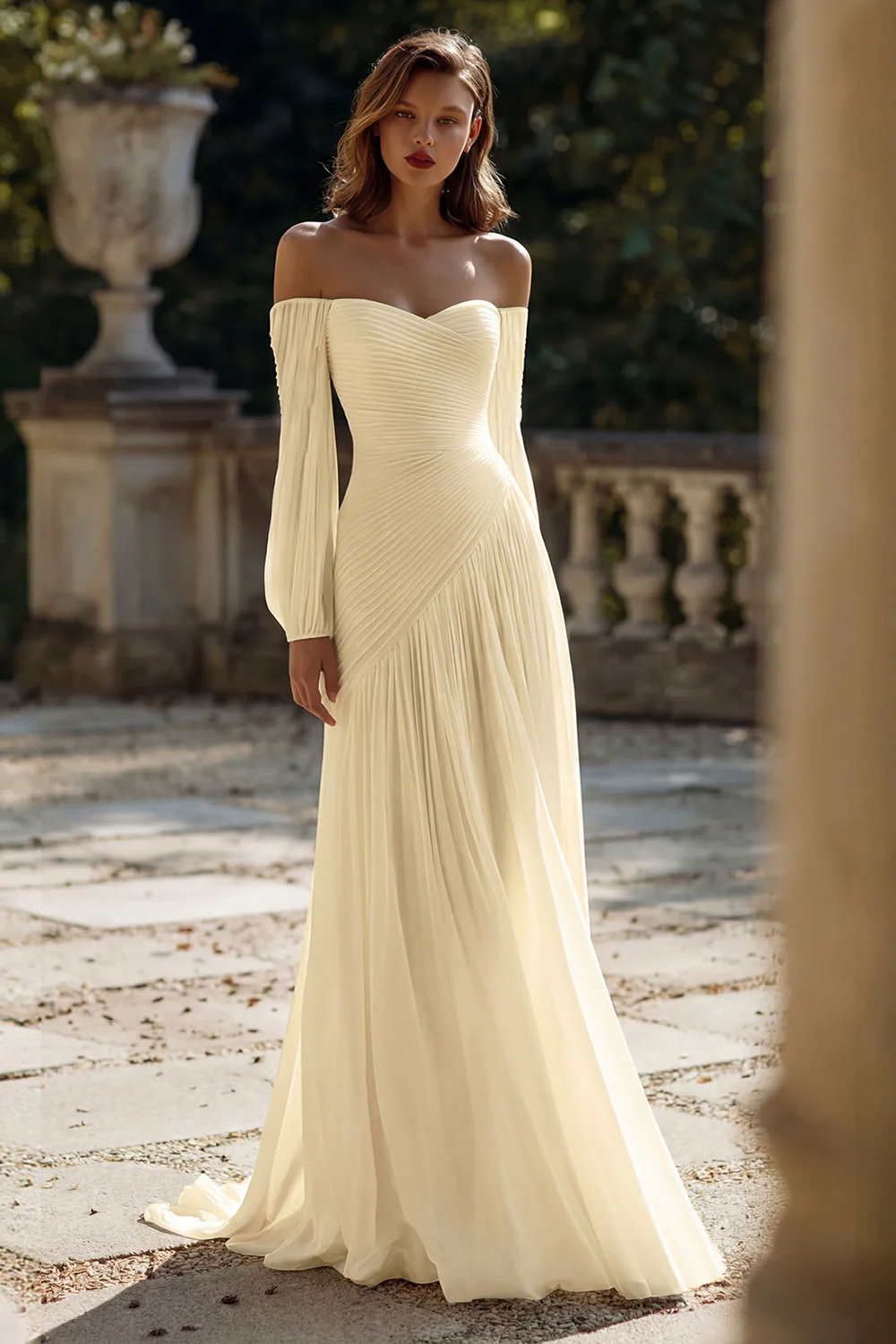 Simple Ivory Chiffon Sweep Train Ruched Wedding Dress with Sleeves