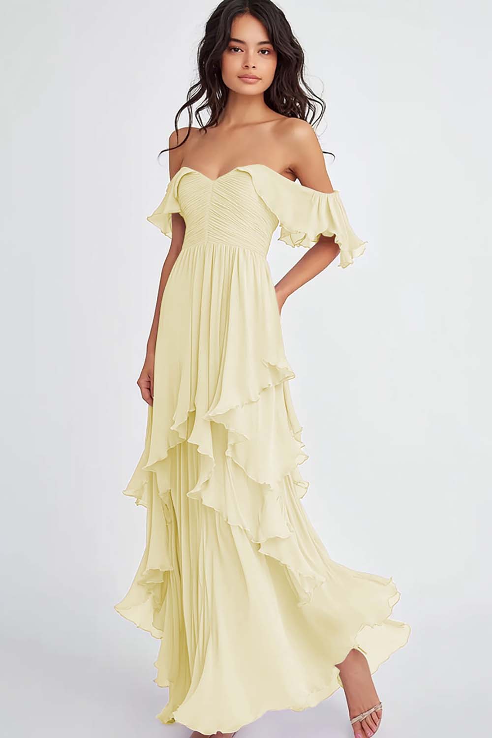 Lilac Off the Shoulder Ruffled Flowy A Line Long Formal Dress