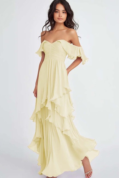 Lilac Off the Shoulder Ruffled Flowy A Line Long Formal Dress