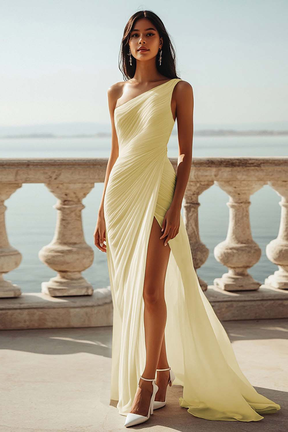 Ivory Chiffon One Shoulder Ruched Beach Maxi Engagement Dress with Slit