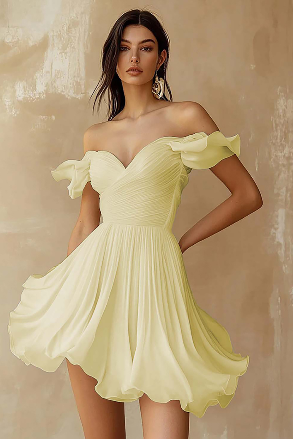 Chiffon Pleated A Line Off the Shoulder Mini Little White Dress with Ruffles