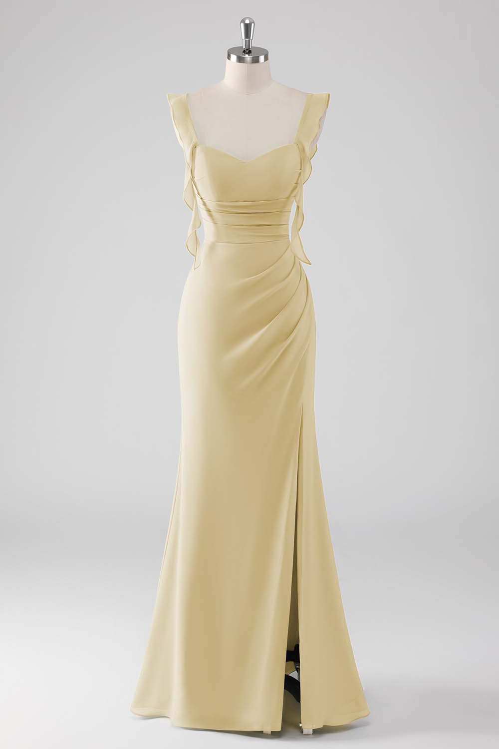 Sage Green Ruffled Sheath Long Bridesmaid Dress with Slit