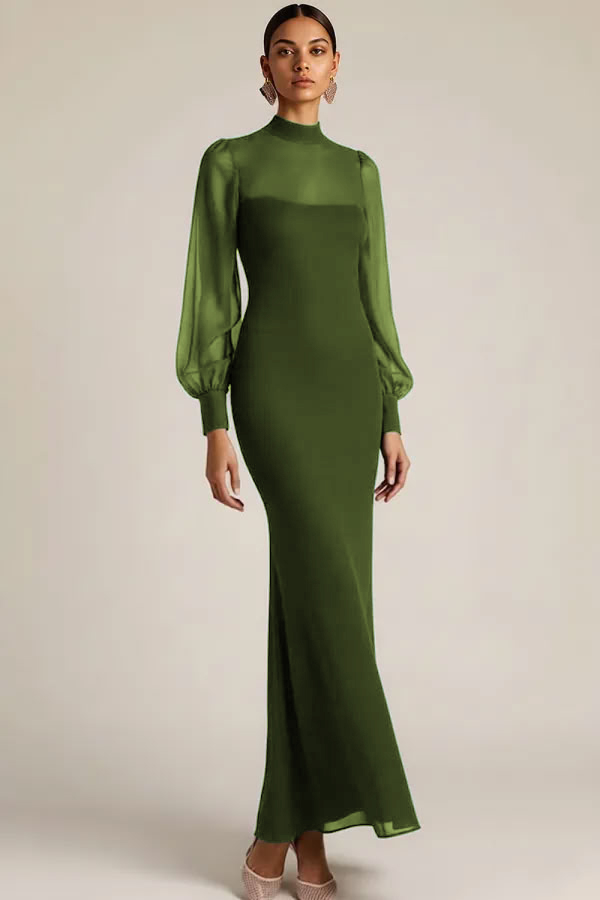 Emerald Green High Neck Mermaid Long Sleeves Wedding Guest Dress