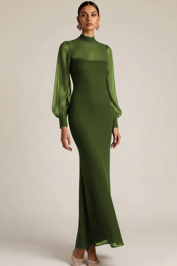 Emerald Green High Neck Mermaid Long Sleeves Wedding Guest Dress