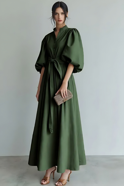 Ivory Puff Sleeves A Line Maxi Formal Dress with Sash