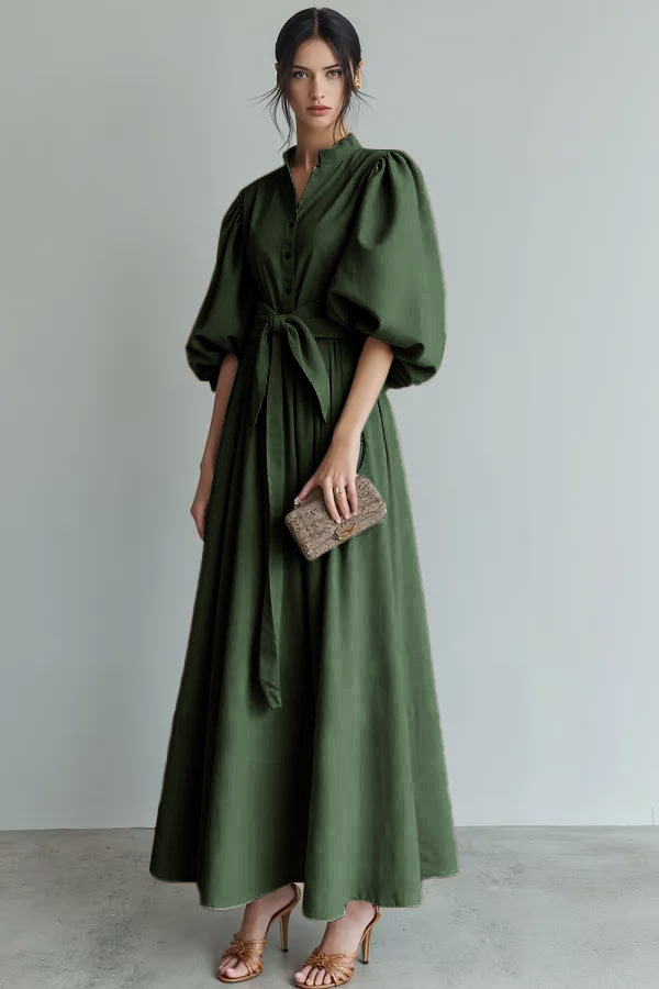 Ivory Puff Sleeves A Line Maxi Formal Dress with Sash