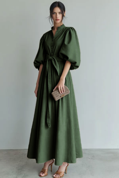 Ivory Puff Sleeves A Line Maxi Formal Dress with Sash