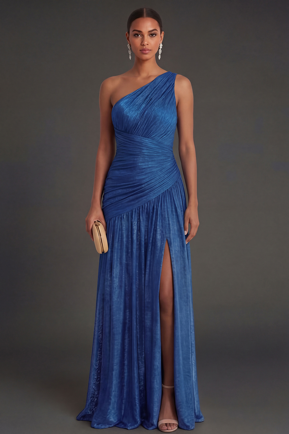 One Shoulder Gold Sheath Ruched Long Formal Dress with Slit