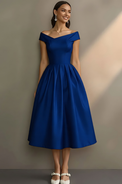 Simple White Off the Shoulder A Line Midi Engagement Dress