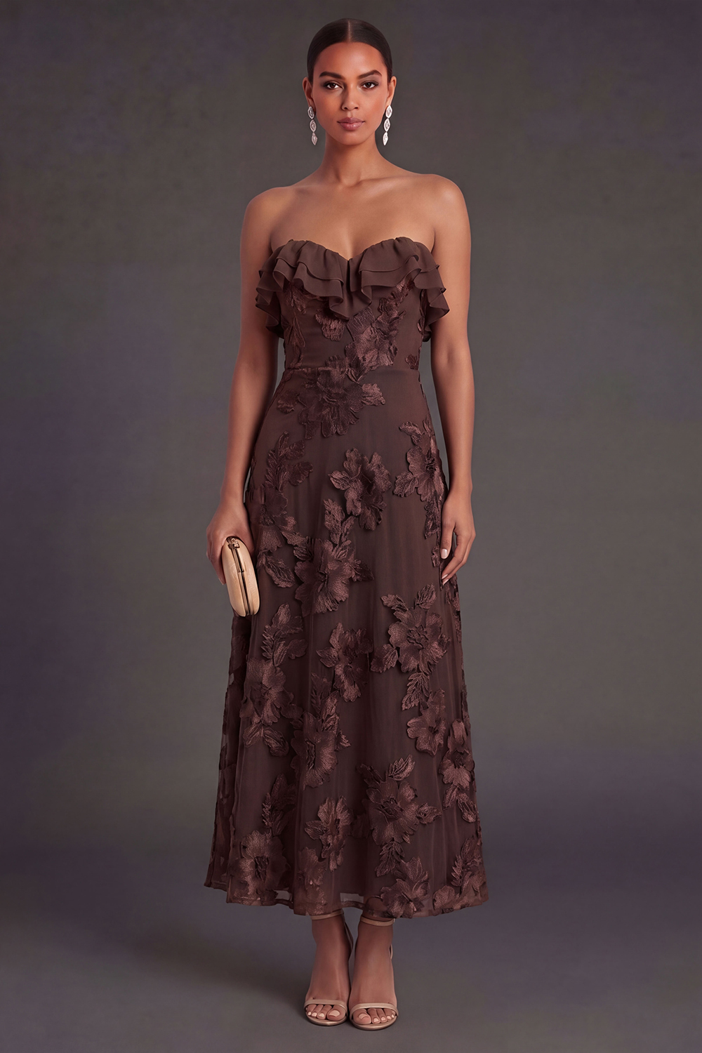Light Blue A Line Floral Strapless Long Wedding Guest Dress