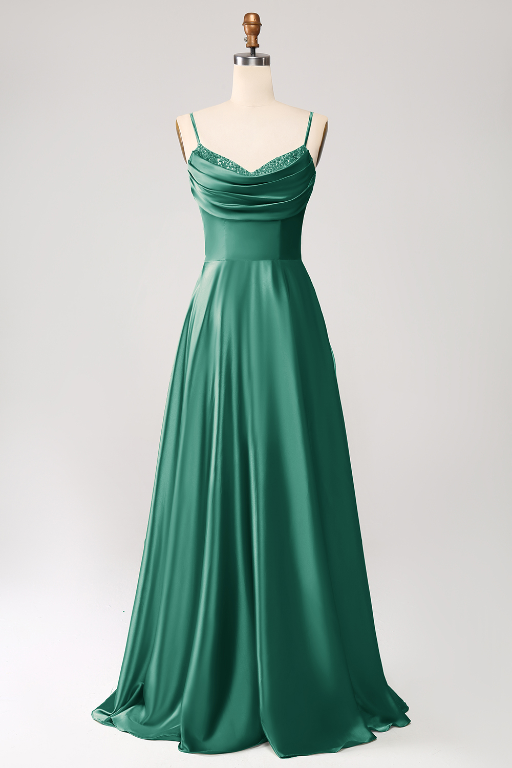 Green A Line Cowl Neck Prom Dress with Sequins