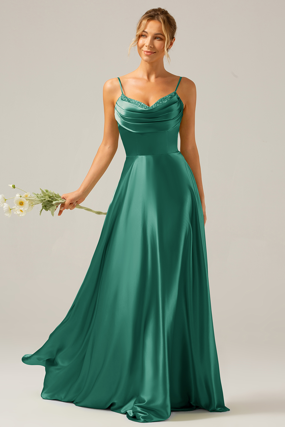 A Line Green Cowl Neck Bridesmaid Dress with Sequins