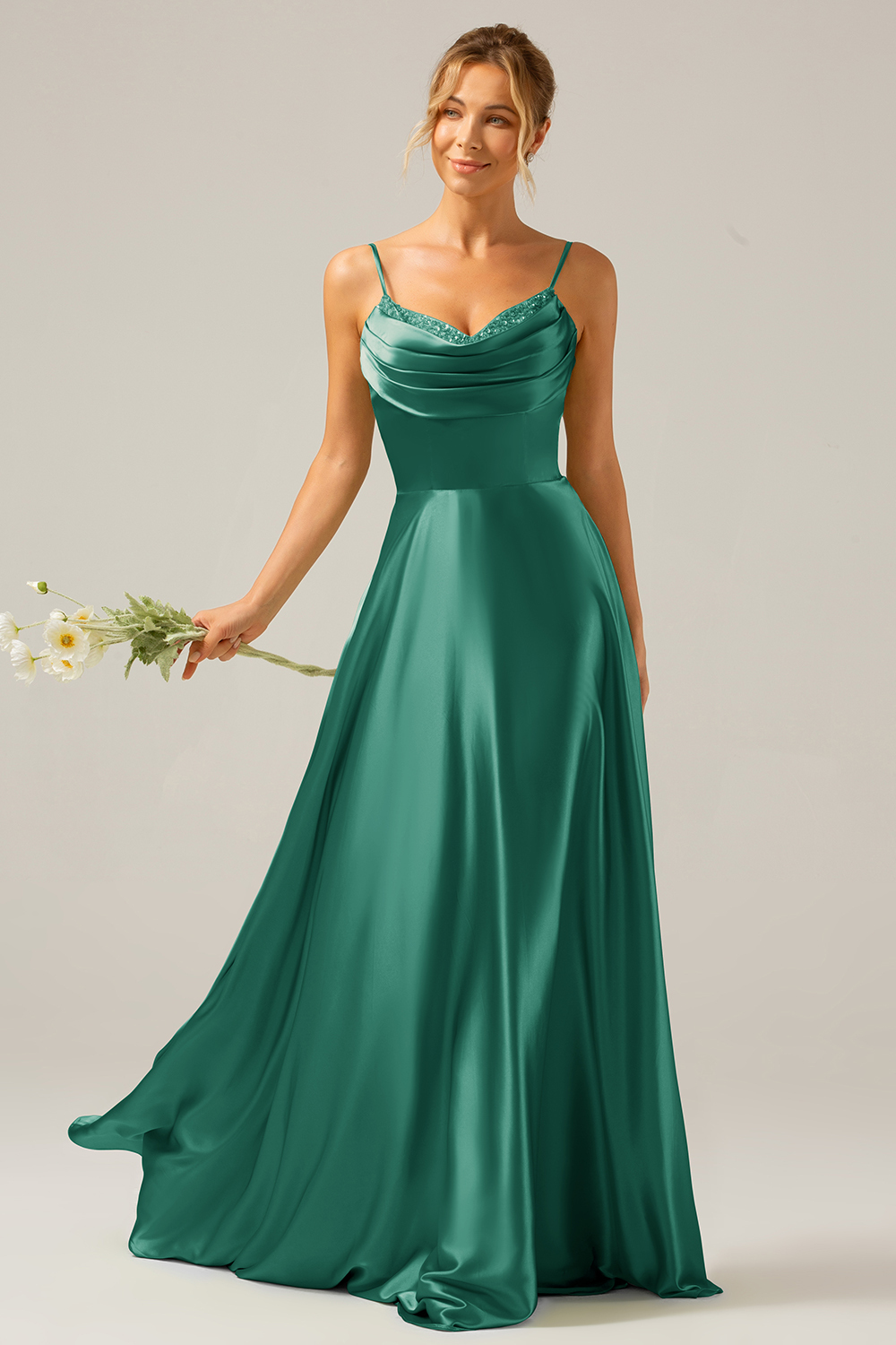 A Line Green Cowl Neck Bridesmaid Dress with Sequins