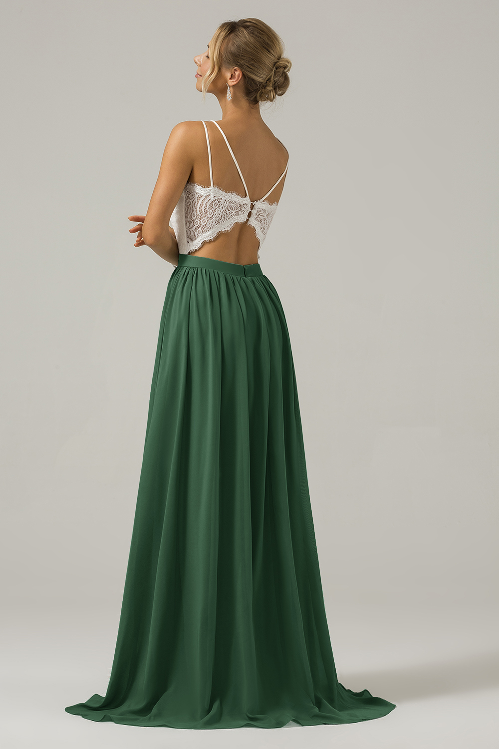 Eucalyptus A-Line Spaghetti Straps Pleated Long Bridesmaid Dress With Lace
